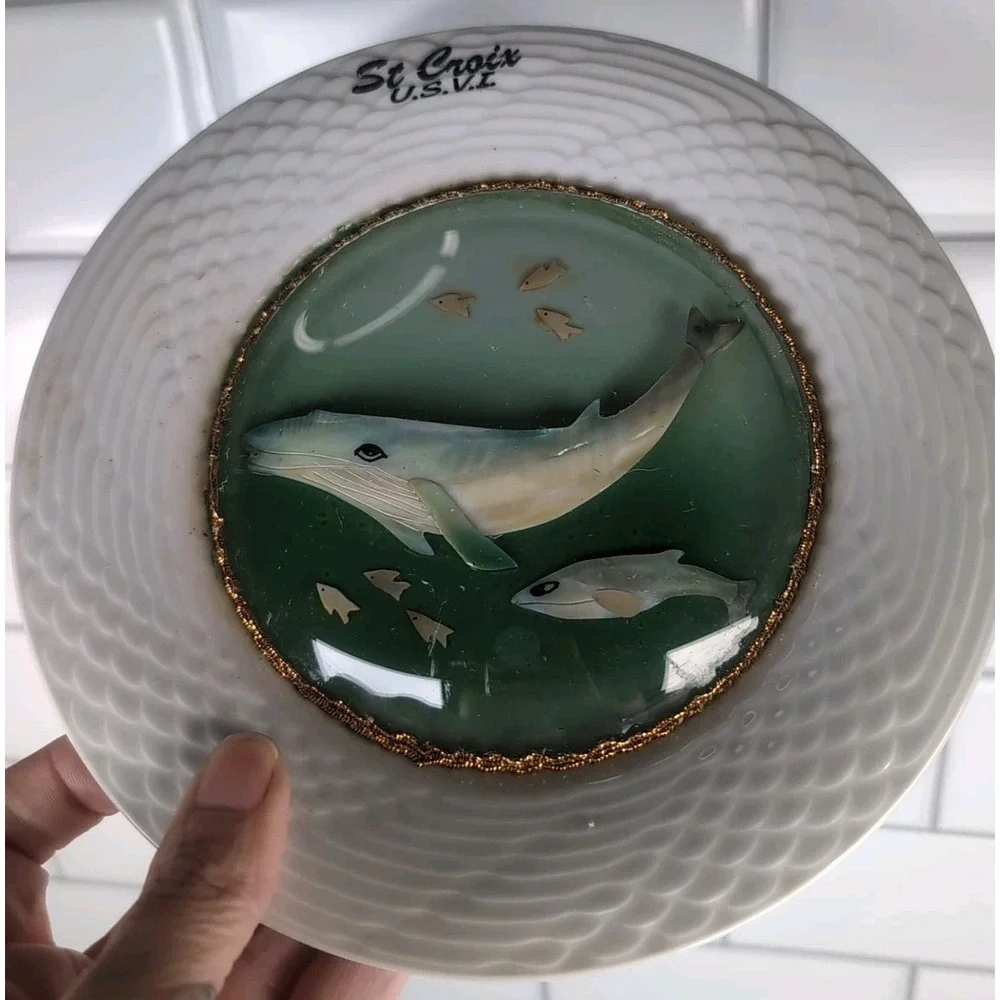 Vintage St. Croix Set Of 3 Plates Souvenir 3D Bubble Glass Mother Of Pearl Birds